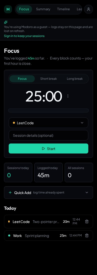 Modoro focus page with a 25-minute countdown, category picker and quick add panel